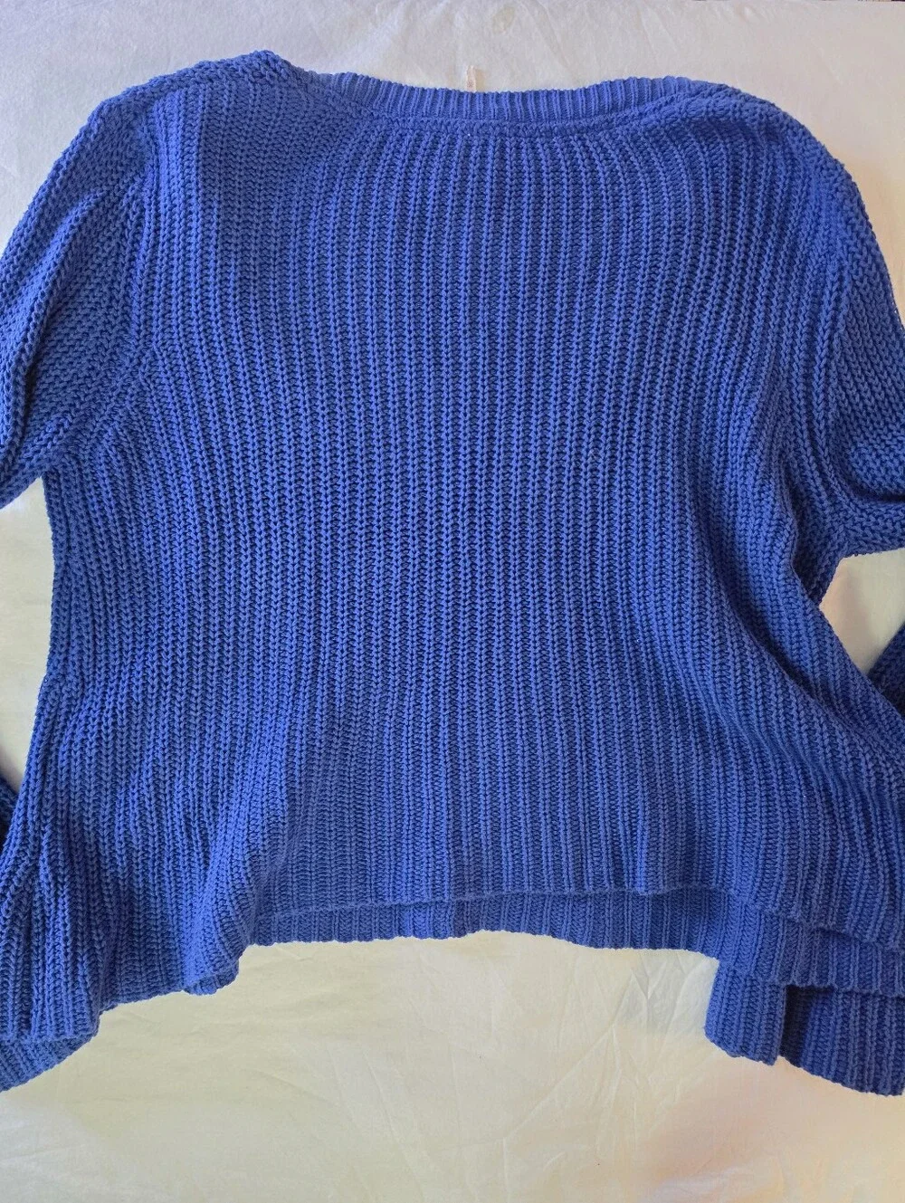 Free People Cobalt Blue Sweetheart Chunky Ribbed V-Neck Sweater M Oversized